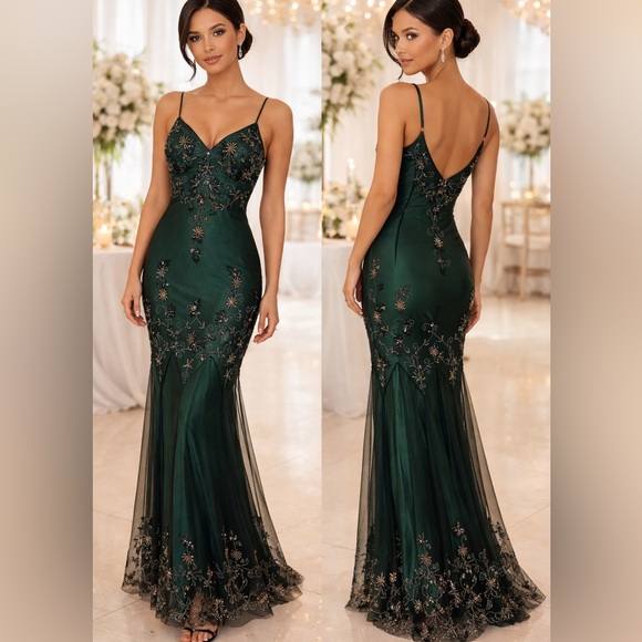 Adrianna Papell Dresses & Skirts - Adrianna Papell Dark Green Embellished Gown Silk Beaded Evening Gown Size 4